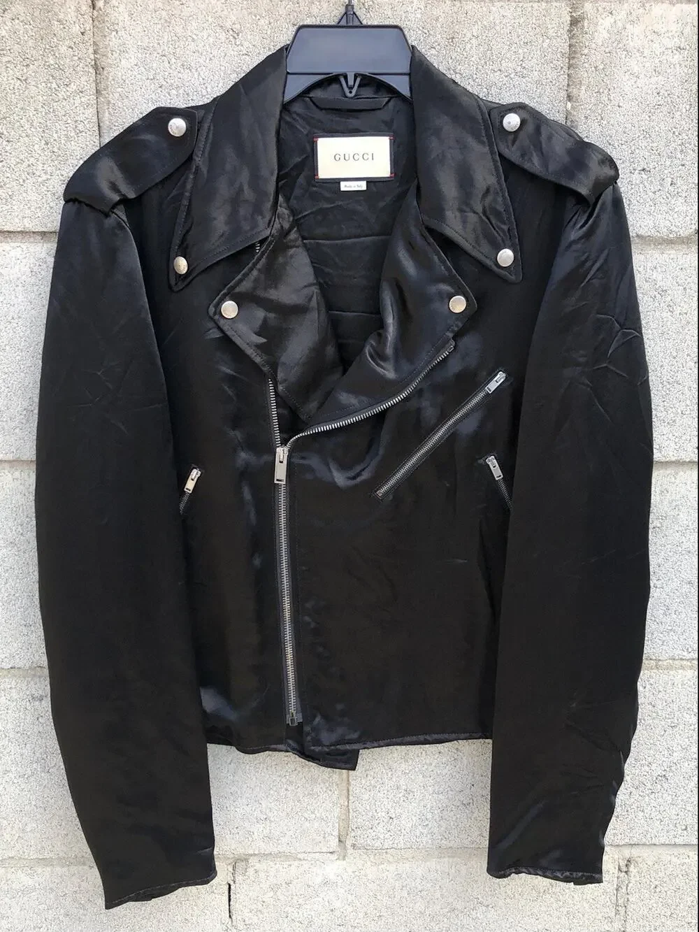 GUCCI Guccy Farmacia Embroidery Satin Biker Jacket Black Sz 44
